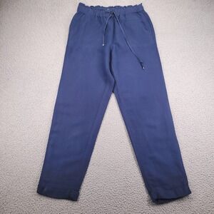 LOFT Pants Womens Size XS Navy Blue Linen Blend Tapered Leg Drawstring Waist